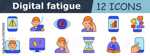 Digital fatigue set icon. Phone alert, sleepy person, eye pain, screen tiredness, data graph, notifications, sad face on laptop, moon monitor, headache, hourglass, meditation, finger on screen
