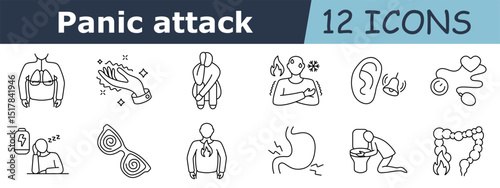 Panic attack set icon. Breathing issue, sparkling hand, crouched figure, hot cold contrast, ear sensitivity, heart monitor, tired man, dizziness, flame in chest, eye tension, stomach pain, vomiting