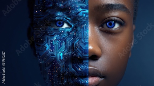 A woman's face is split in half, with one half being a computer chip