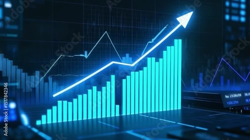 Futuristic Financial Chart with Vibrant Blue Vertical Bars and Bold White Upward Arrow Line Graph on Dark Grid Background, Modern Data Growth Visualization – video download