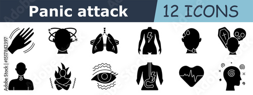 Panic attack flat set icon. Shaking hand, dizziness, lung spasm, body pain, sweating head, death fear, throat tightness, chest burning, eye stress, gut pain, heart rate, mental swirl
