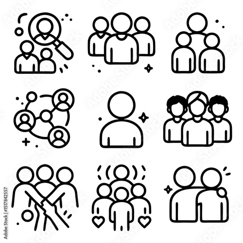 People icon set depicts diverse social interactions; perfect for web design, presentations, infographics, and educational materials for all ages.