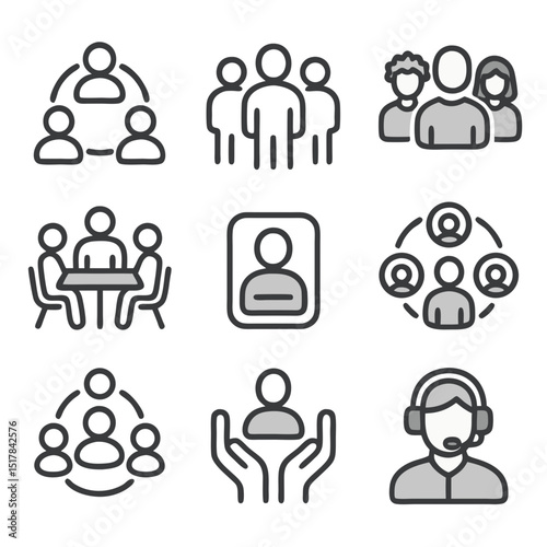 People icon set depicts diverse social interactions; perfect for web design, presentations, infographics, and educational materials for all ages.