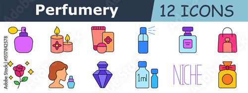 Perfumery set icon. Perfume bottle, aroma candles, cosmetic tubes, spray container, flacon, bag with fragrance, rose, female silhouette, diamond bottle, small samples, niche label, bow bottle
