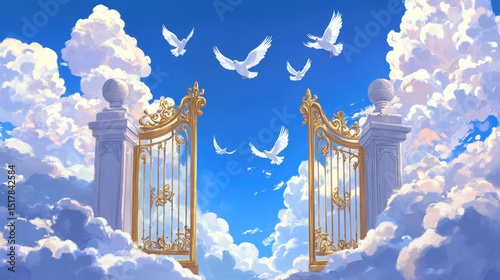 Gilded gates stand open in sky as doves fly through