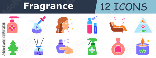 Fragrance set icon. Soap dispenser, dropper bottle, woman profile, perfume spray, couch aroma, scent pyramid, air freshener, reed diffuser, hand with bottle, trigger sprayer, flacon, aroma candle