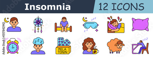Insomnia set icon. Sad face, moon, dreamcatcher, man in bed, sleep mask, pillow fight, alarm clock, sleepy boy, melatonin pack, tired woman, cup with steam, sheep, sleeping at desk