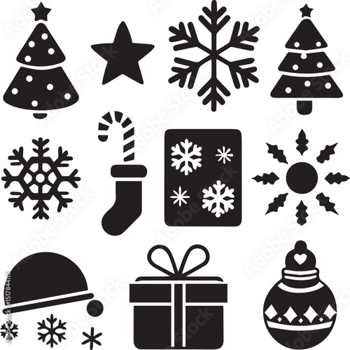 black set of christmas vector icon, christmas clipart vector, christmas silhouette vector bundle