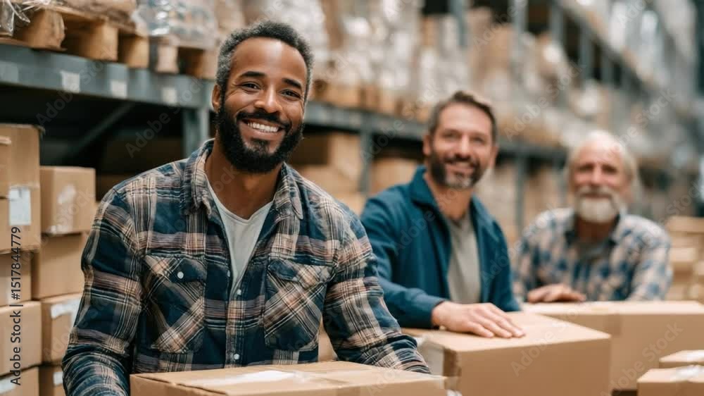 Warehouse Team's Grin: A group of smiling warehouse workers, their faces radiating positivity and satisfaction, stand amidst a backdrop of organized boxes and shelves.
