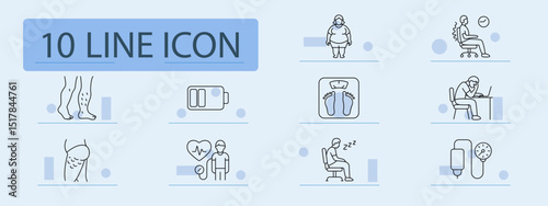 Obesity outline set icon. Varicose legs, overweight body, posture curve, low battery, scale, desk fatigue, cellulite, heart check, sleepiness, pressure monitor