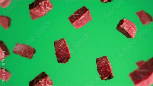 Flying Steak Chunks A Delicious 4K Time-Lapse Animation on Green Screen