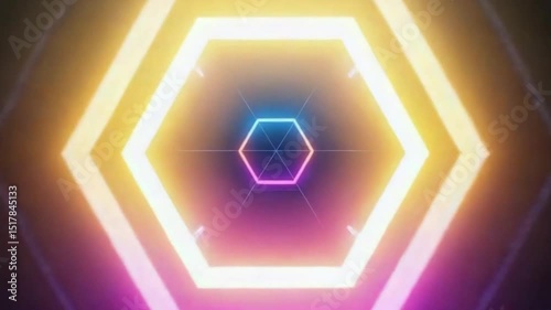 Futuristic Neon Concentric Hexagons with Yellow, Orange, Pink, Blue Glow on Dark Background, Symmetrical Geometric Abstract Digital Artwork with Depth and Dimension – video download