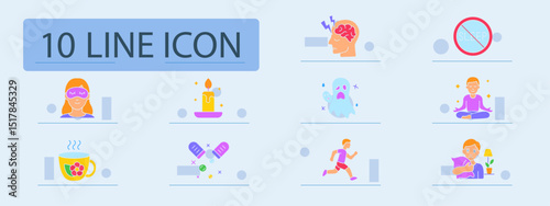 Sleep aid set icon. Sleep mask, headache, insomnia, meditation, tea, candle, ghost dream, running, medicine, sadness, night care, routine, calm.