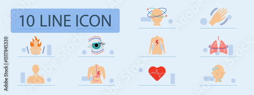 Disease symptom set icon. Chest pain, eye twitching, dizziness, shaking, chills, lung pressure, sore throat, heartburn, arrhythmia, head sweat, body pain, discomfort.