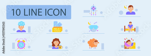 Sleep disorder set icon. Tired person, melatonin, dreamcatcher, insomnia, sleep mask, bedtime, alarm, fatigue, coffee, sheep, restless sleep, schedule.