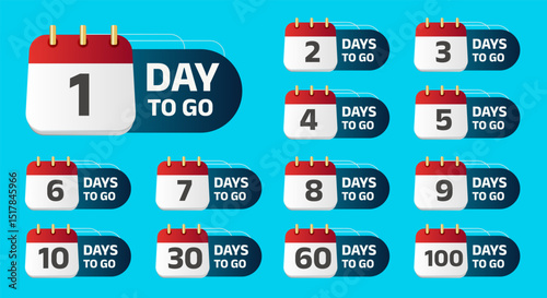 Days To Go Countdown banner template design. 1,2,3,4,5,6,7,8,9,10,30,60,90,99,100,360 days left countdown icon. vector