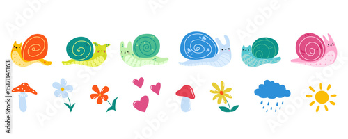 Cartoon cute snail, mushroom, flower, sun, cloud collection. Nursery Doodle snail character. Children's illustration of small snail. Stock vector illustration isolated on white background.