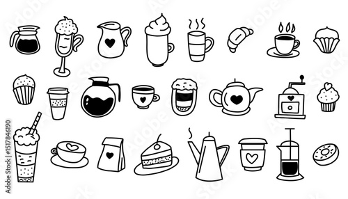 Hand drawn doodle coffee cup, mug, pot, coffee machine stickers set. Doodle sketch style. Vector illustration for coffee shop, cafe, restaurant sticker Isolated on white background.