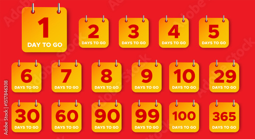 Days To Go Countdown banner template design. 1,2,3,4,5,6,7,8,9,10,30,60,90,99,100,360 days left countdown icon. vector