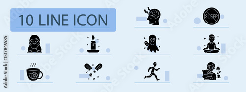 Sleep aid set icon. Mask, headache, ghost, insomnia, meditation, tea, candle, running, medicine, emotional distress, night relaxation, calming tools.