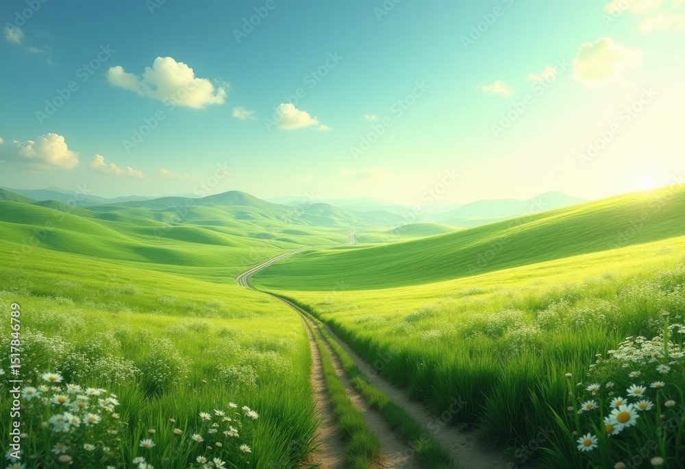 Obraz premium lush green fields winding dirt paths nature landscape rolling hills pastoral serenity, meadow, vista, grass, scenic, sunlight, rural, scenery, countryside