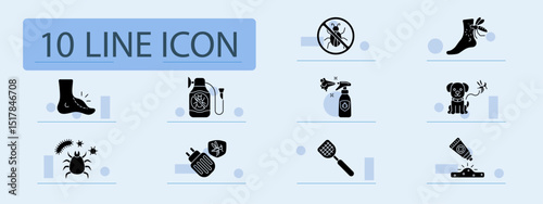 Insect bite set icon. Red spot, bug spray, insecticide, mosquito, dog protection, bite cream, allergy, danger, electric repeller, fly swatter, pest control.