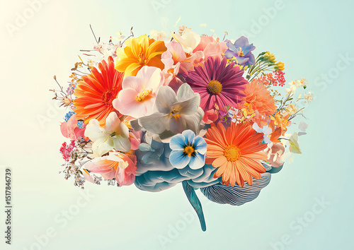 A brain composed of flowers in various colors against a light blue and white gradient background