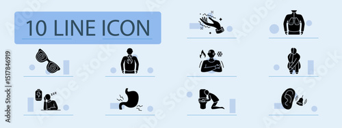 Illness symptom set icon. Blurry vision, nausea, stomach cramp, fatigue, vomiting, chills, ear ringing, sadness, digestion issue, balance problem, overall weakness.