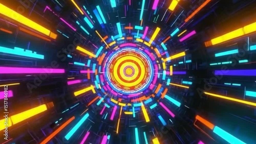 Vibrant Neon Abstract Tunnel with Symmetrical Concentric Circles and Radiating Rectangles in Orange, Blue, Pink, Yellow, Futuristic Cyberpunk Digital Artwork – video download