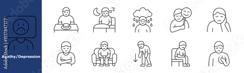 Depression flat set icon. Poor appetite, sleep trouble, sadness, crying, emotional mask, tiredness, low energy, hopelessness, fatigue, loneliness.