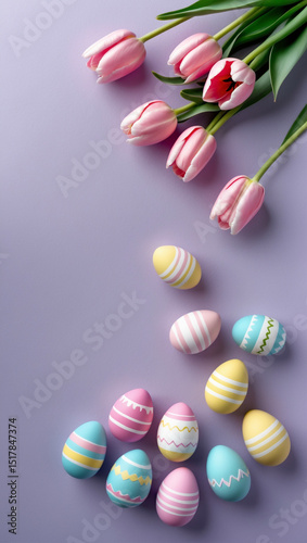 Pastel Easter Flat Lay with Tulips and Decorated Eggs