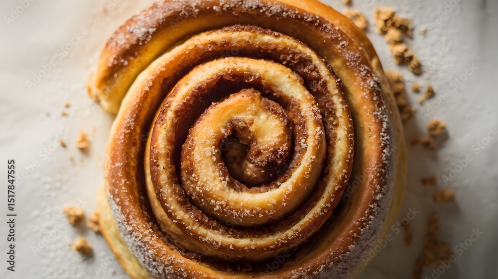 Fototapeta premium Fresh cinnamon roll with spiral cinnamon filling and icing on a white background – cinnamon roll wallpaper – bakery wallpaper – cinnamon roll image