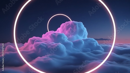 3d render, abstract cloud illuminated with neon light ring on dark night sky. Glowing geometric shape, round frame
