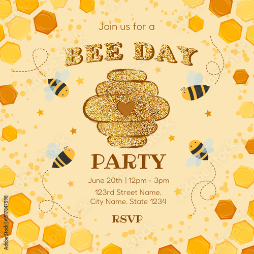 Bee Day Party Invitation Template, Birthday Card. Sparkly Beehive, Cute Bees, Glitter