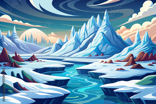 Colorful cartoon vector of melting arctic landscape with icy mountains, floating rocks, and water a vivid scene showing global warming