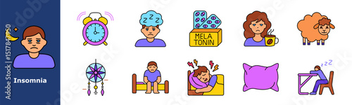 Insomnia set icon. Moon, alarm clock, sleep deprivation, melatonin box, tired woman, sheep, dreamcatcher, sitting in bed, pain during sleep, pillow, desk nap, night routine, mental strain, fatigue.