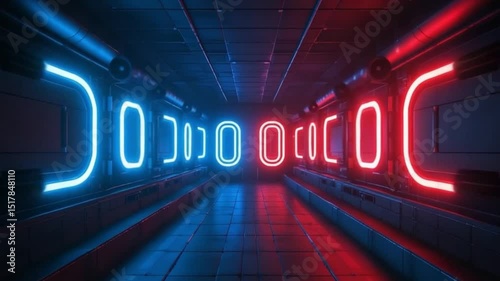 Futuristic Symmetrical Sci-Fi Corridor with Reflective Floor and Ceiling, Blue and Red Neon Oval Lights, Metallic Grid Panels, High-Tech Modern Design – video download