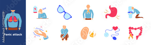 Panic attack set icon. Breathing constriction, low battery, tiredness, dizziness, chest burning, stomach ache, vomiting, trembling, fear, ringing ears, heartbeat, intestine burning, panic effects.