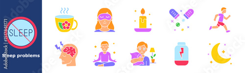 Sleep problems set icon. Sleep ban, warm tea, eye mask, candlelight, vitamins, running, brain activity, meditation, tired man, pillow, nighttime, stress, poor sleep, calm routine, mood help.