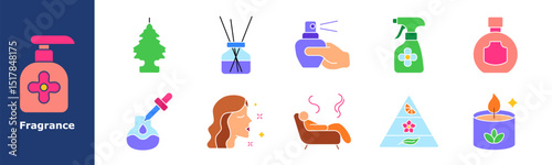 Fragrance set icon. Soap dispenser, air freshener, home diffuser, hand spray, floral bottle, pipette, female profile, scent lines, perfume pyramid, aroma therapy, candle, essential oil