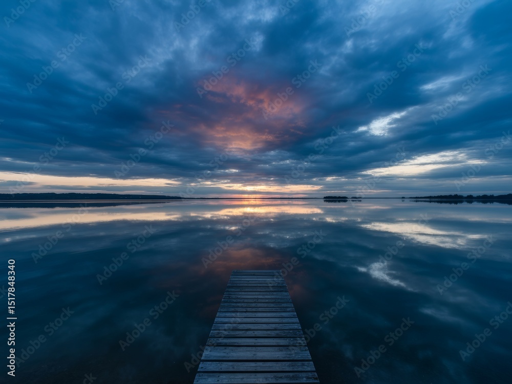 Obraz premium Serene sunset over calm lake with wooden dock