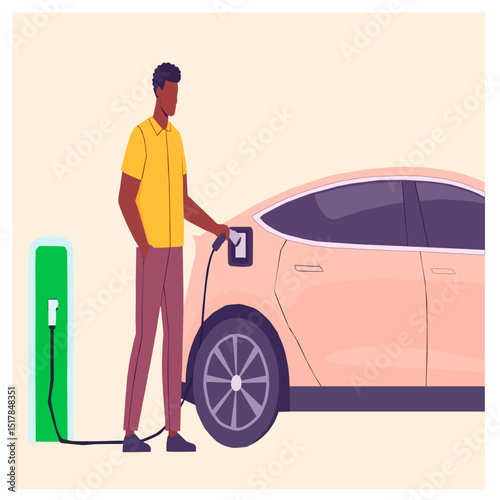Man charging an electric car at a charging station. Modern vector illustration about sustainable mobility and clean energy, ideal for eco-friendly and tech content.