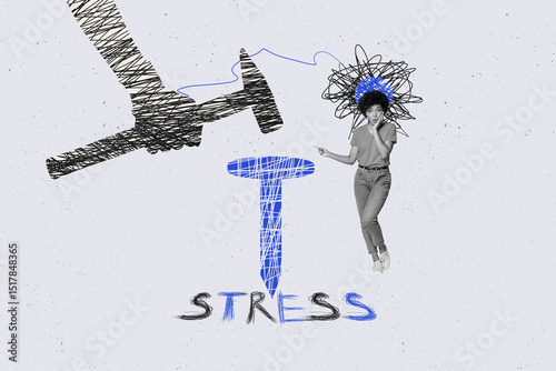 Collage of tired stressed person under pressure with abstract scribble elements and hammer symbolizing mental overload photo