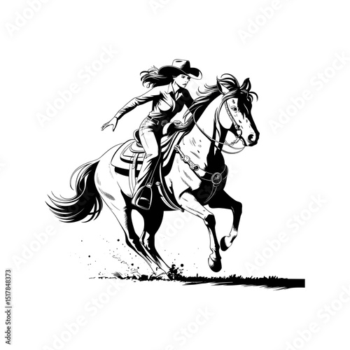 Detailed Cowgirl Riding Galloping Horse – Dynamic Western Vector Illustration in Black and White