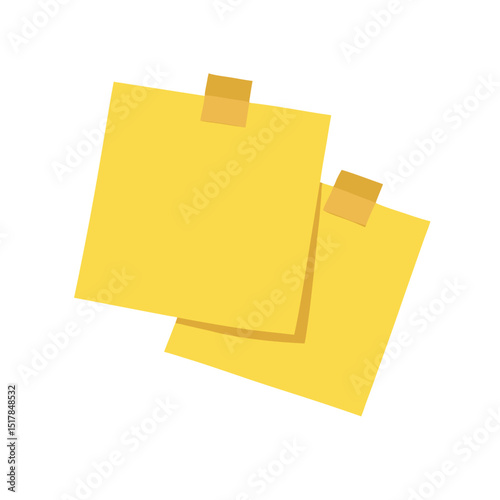 two overlapping yellow sticky notes or post-it notes with orange tape pieces attached to the top of each note