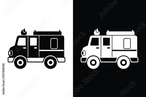 Fire Emergency Truck Icon. Black Fire Engine with Ladder Silhouette Vector