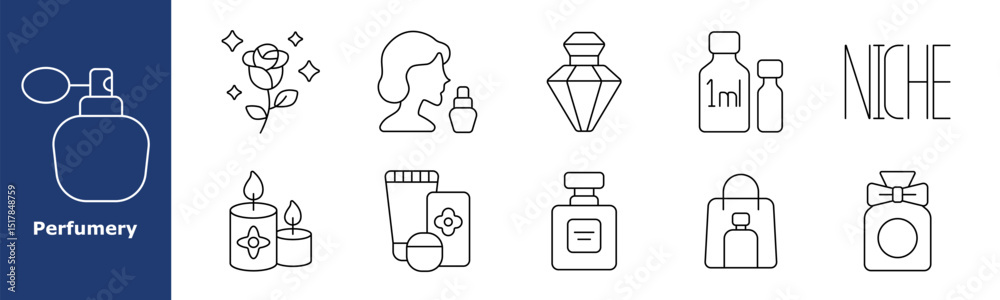 Obraz premium Perfumery set icon. Atomizer, rose, woman with vial, crystal flacon, sample bottle, niche text, aroma candles, skincare tubes, scent bottle, shopping bag, luxury packaging, beauty product.