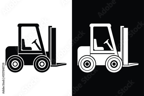 Warehouse Forklift Icon Vector. Black Silhouette on White and Black Backgrounds