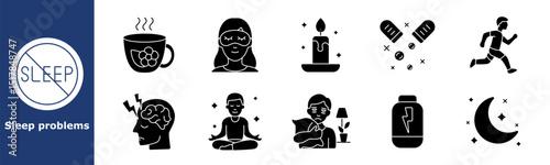 Sleep problems set icon. Herbal tea, sleep mask, candle, pills, running man, brain tension, meditation, sad child, energy drink, moonlight, nighttime discomfort, emotional imbalance.