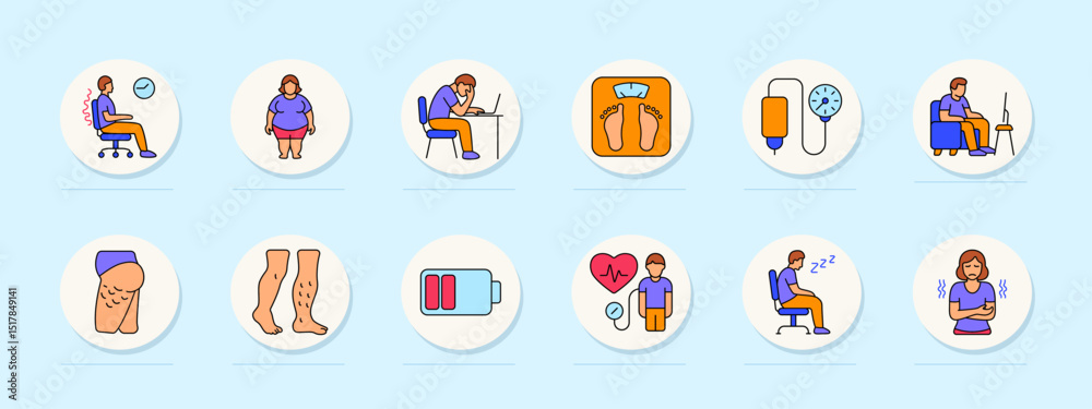 Obraz premium Sedentary lifestyle set icon. Office chair, obesity, fatigue, scale, IV bag, TV watching, cellulite, legs, low energy, pressure, sleepiness, chills, sitting problem, inactivity symptoms.